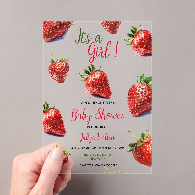  It's a girl Strawberry baby shower Acrylic Invitations (Insitu (Handheld))