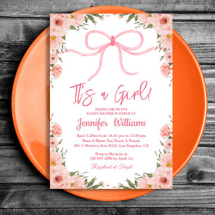 it's a girl ,stylish pink bow floral baby shower invitation
