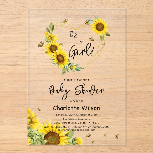 It's a Girl! Sunflowers Frame Baby Shower Acrylic Invitations (Front)