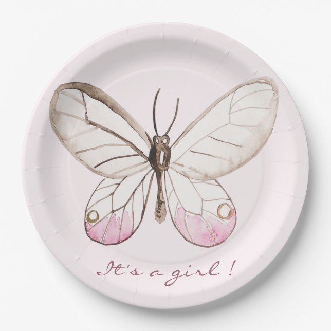 It's a girl! Sweet Blush Butterfly | Babyshower Paper Plate (Front)