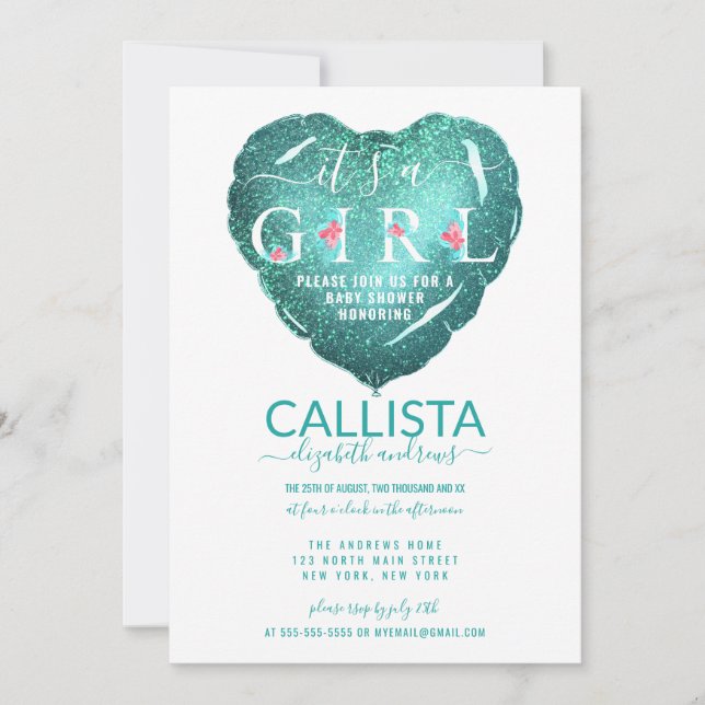 It's a Girl Teal Glitter Balloon Baby Shower Invitation (Front)