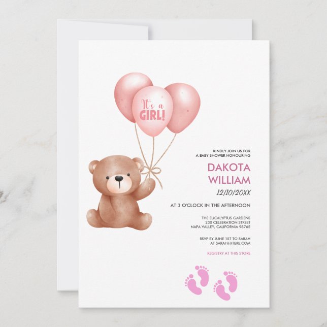 Its A Girl Teddy Bear Balloon Baby Shower Invitation (Front)
