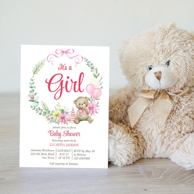 It's a girl teddy bear floral arch baby shower invitation (Creator Uploaded)