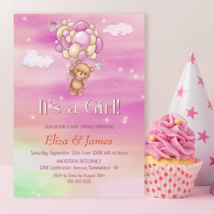 It's a Girl! Teddy Bear Pink Balloons Baby Shower Invitation