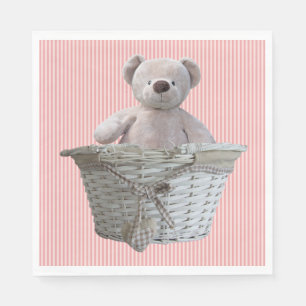 It's A Girl Teddy Bear Pink Stripes Baby Shower Napkin