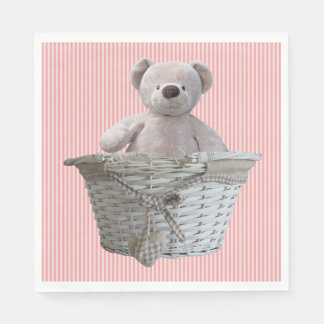 It's A Girl Teddy Bear Pink Stripes Baby Shower Napkin