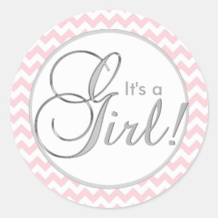IT'S A GIRL! Trendy Pink Chevron Baby Shower Classic Round Sticker