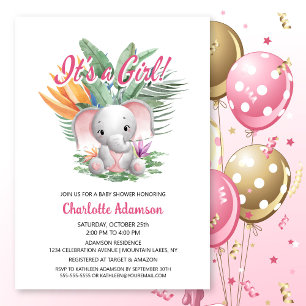 It's a Girl! Tropical Baby Elephant Baby Shower Invitation