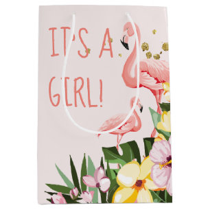 It's a Girl! Tropical Floral Gold Pink Flamingo Medium Gift Bag