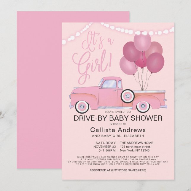 It's a Girl Truck Balloons Drive By Baby Shower Invitation (Front/Back)