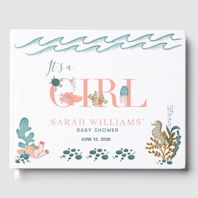 It's a Girl Under the Sea Coral Baby Shower Guest Book (Front)