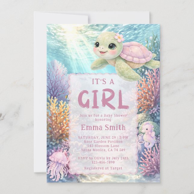 It's a Girl Under the Sea Turtle Girl Baby Shower Invitation (Front)