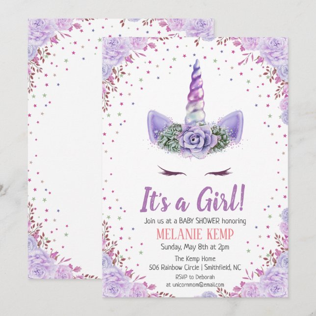 It's a Girl Unicorn Floral Baby Shower Invitation (Front/Back)
