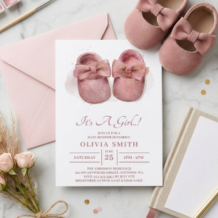 It's a Girl Watercolor Cute Baby Shoes Baby Shower Invitation