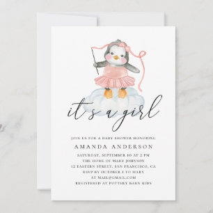 Its a girl. Watercolor cute penguin baby shower Invitation