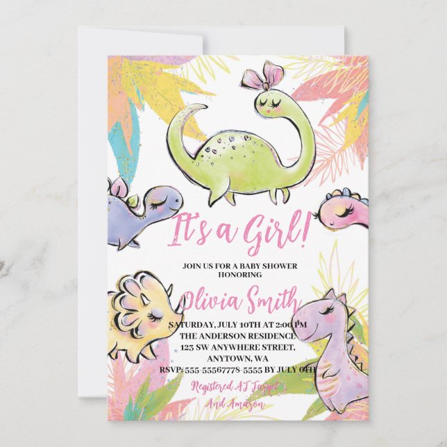 It's a Girl Watercolor Dinosaur Baby Shower  Invit Invitation (Front)