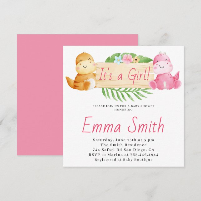 It's a Girl Watercolor Dinosaur Baby Shower Invitation (Front/Back)