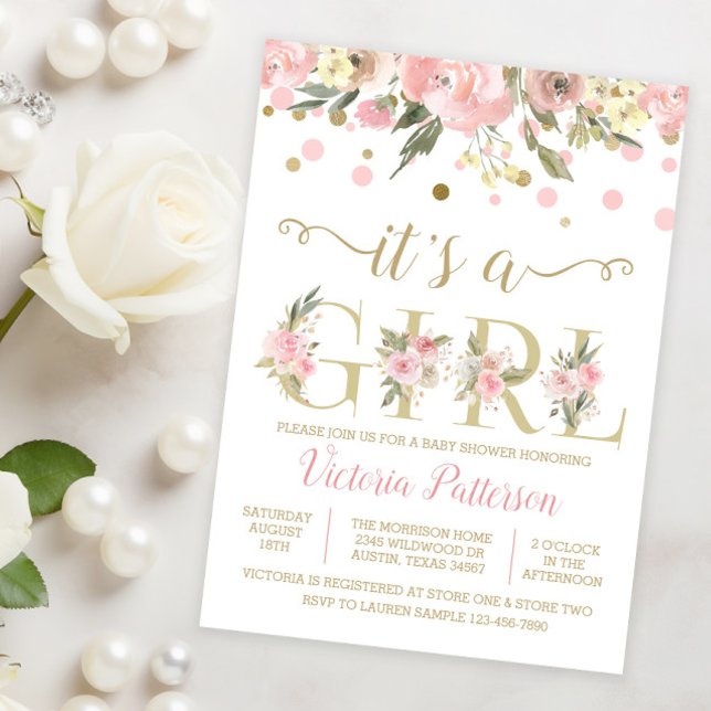 Its A Girl Watercolor Floral Baby Shower Invitation (Sweet pink and gold watercolor floral It's a girl baby shower invitation and coordinating products.)