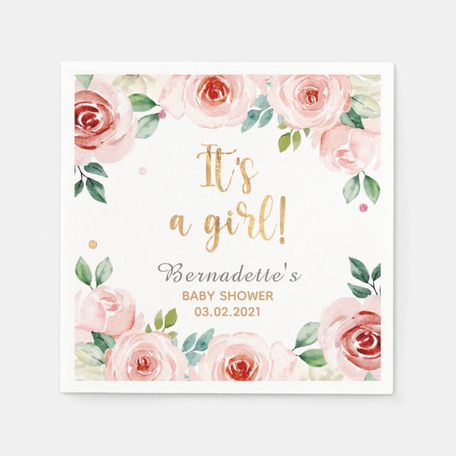 it's a girl! Watercolor Floral Baby Shower Napkins (Front)