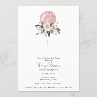It's a Girl Watercolor Floral Balloon Baby Shower Invitation