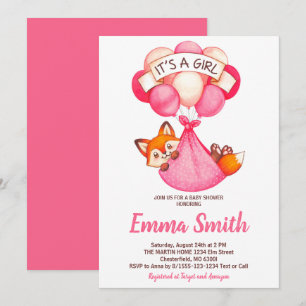 It's a Girl Watercolor Fox Baby Shower Invitation