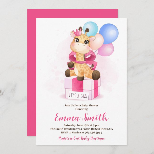 It's a Girl Watercolor Giraffe Baby Shower Invitation (Front/Back)