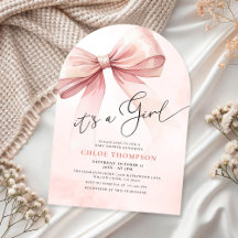 It's A Girl Watercolor Pink Bow Baby Girl Shower