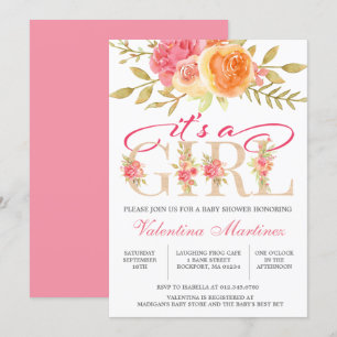 It's a Girl Watercolor Pink Floral Baby Shower Invitation