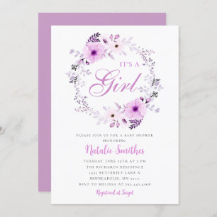 Its A Girl Watercolor Purple Floral Baby Shower Invitation