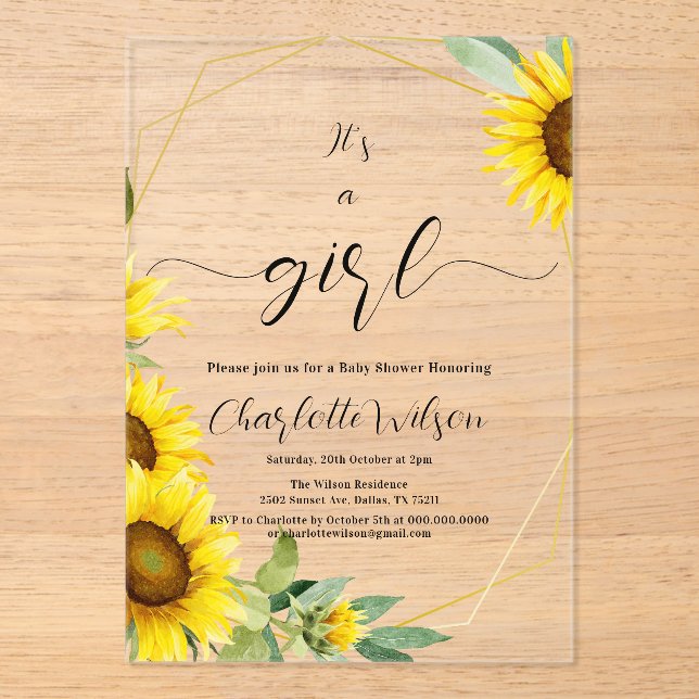 It's a Girl! Watercolor Sunflower Baby Shower Acrylic Invitations (Front)