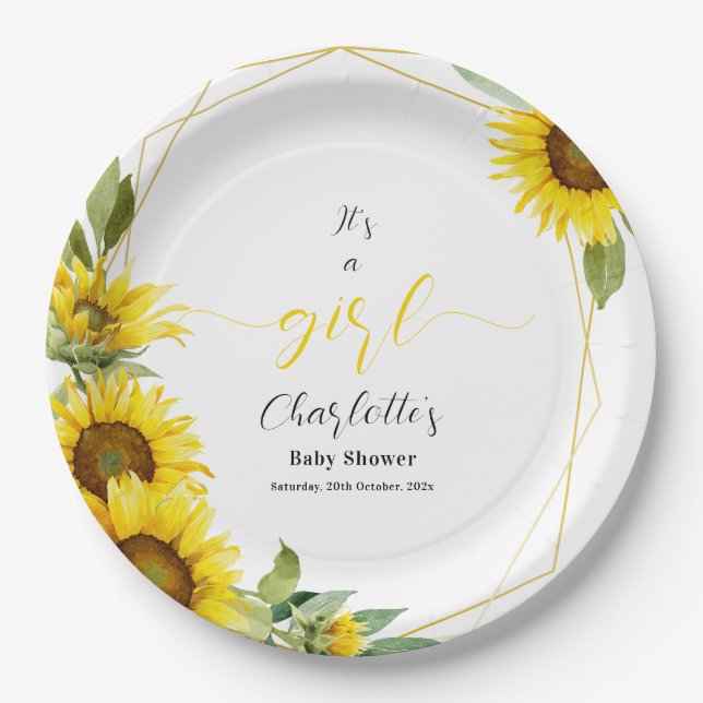 It's a Girl! Watercolor Sunflower Baby Shower Paper Plate (Front)