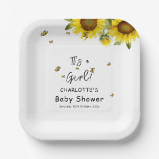 It's a Girl! Watercolor Sunflowers and Butterflies Paper Plate