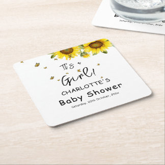 It's a Girl! Watercolor Sunflowers and Butterflies Square Paper Coaster