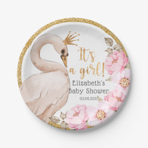 It's a Girl! Watercolor Swan Baby Shower Paper Plate