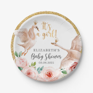 It's a Girl! Watercolor Swans Baby Shower Paper Plate