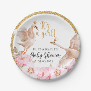 It's a Girl! Watercolor Swans Baby Shower Paper Plate