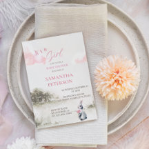 It's A Girl Watercolor Woodland Bunny Baby Shower