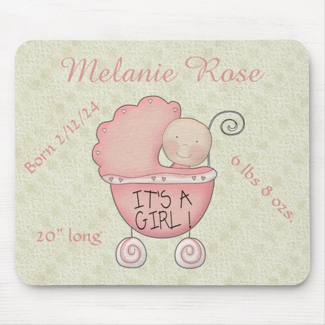 It's a girl! Whimsical Pink Baby Carriage   Mouse Mat (Front)