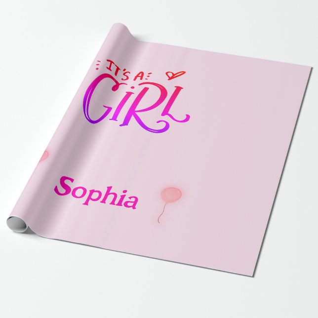 It's A Girl with Pink Balloons Personalised  Wrapping Paper (Unrolled)