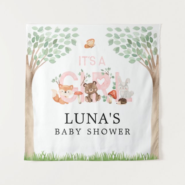 It's a Girl Woodland Baby Shower Backdrop Tapestry (Front)