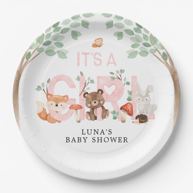 Its a Girl Woodland Baby Shower Paper Plates (Front)