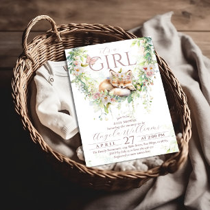 It's a Girl Woodland Fox Floral Baby Girl Shower Invitation