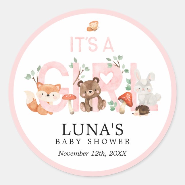 It's a Girl Woodland Pink Baby Shower Classic Roun Classic Round Sticker (Front)