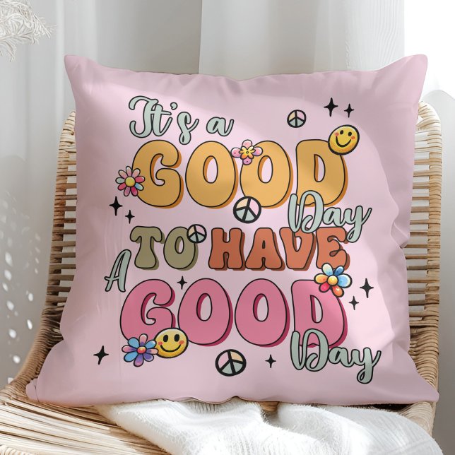 "It's a Good Day" Retro Colourful Positivity  Cushion ("It's a Good Day" Retro Colorful Positivity Throw Pillow on a sunny boho rattan chair.)