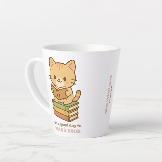 It's a good day to read a book cute cat teacher latte mug (Left Angle)
