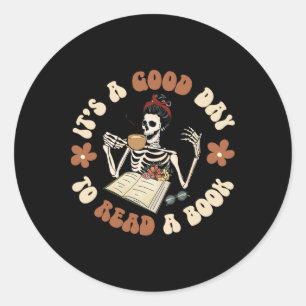 It's A Good Day To Read A Book Skeleton Groovy Hal Classic Round Sticker