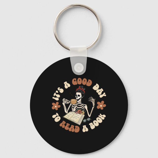 It's A Good Day To Read A Book Skeleton Groovy Hal Key Ring (Front)