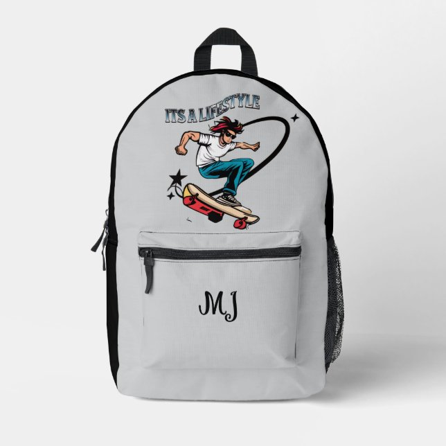 It's A Lifestyle Boy Skateboarding Quote Initials Printed Backpack (Front)