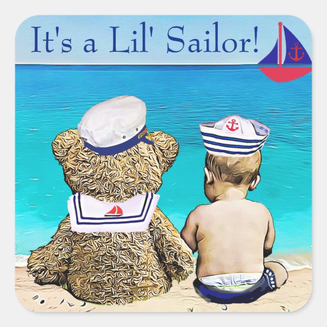 It's a Little Sailor, boy's baby shower Square Sticker (Front)