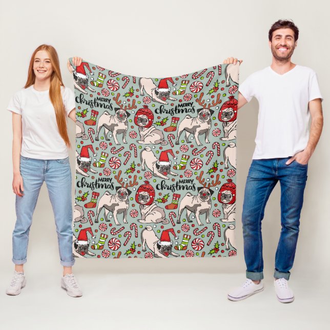 It's A Merry Pug Christmas Pattern Fleece Blanket (In Situ)